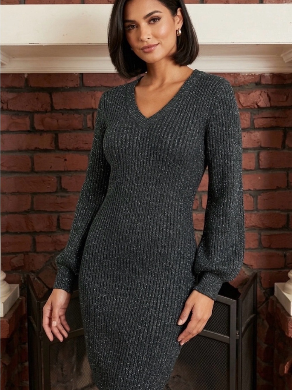 Nina Leonard Shimmer Ribbed Knit Balloon Sleeve Sweater Dress Black M